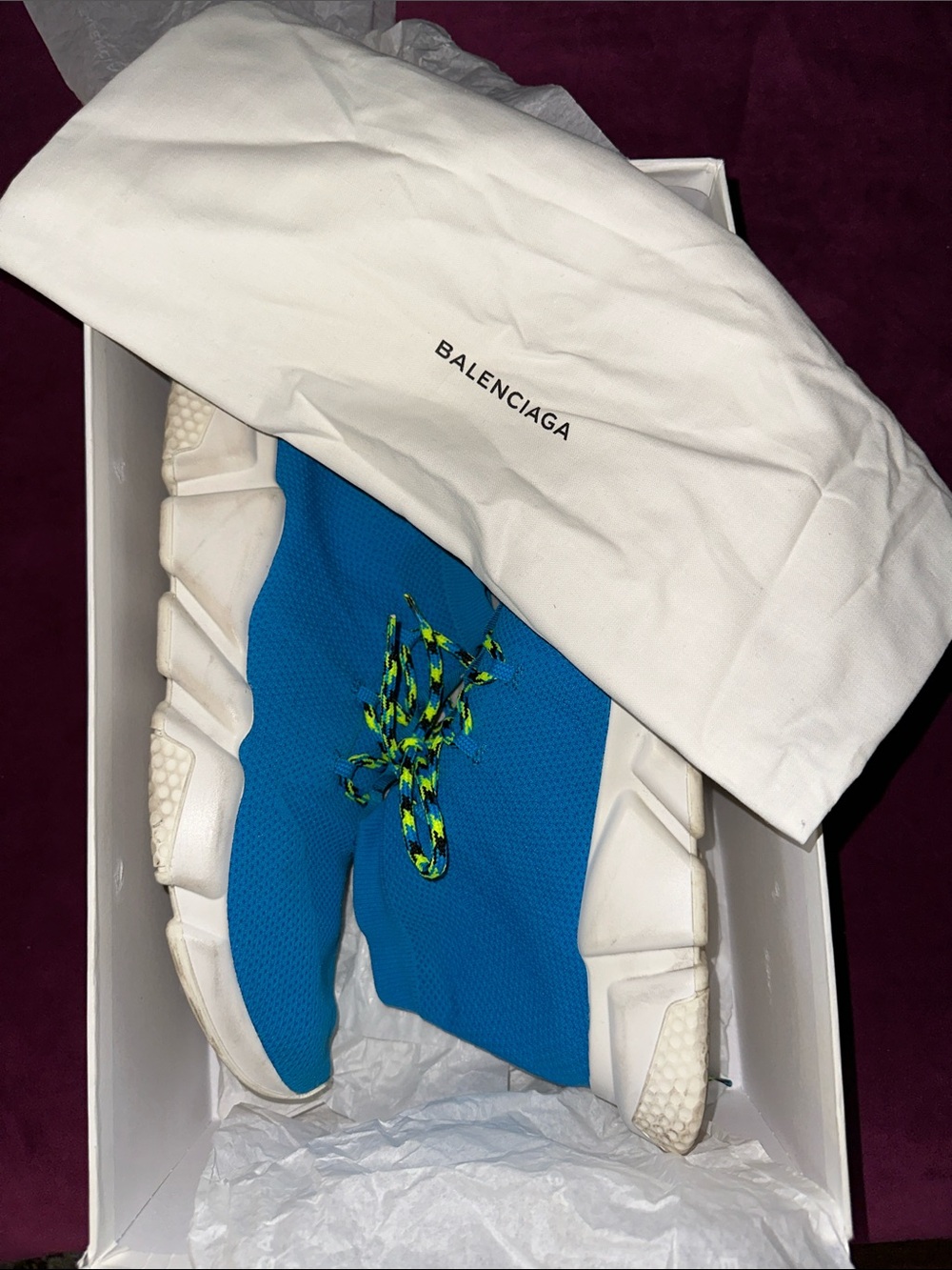 Balenciaga Turquoise Knit Speed Trainer Sneakers with Neon Laces - Picture 12 of 13
